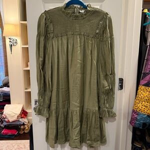 Anthropologie Moon River Ruffle Neck Puffed Sleeve Mini Dress Olive Green size M